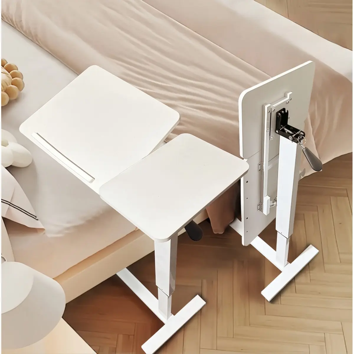 (UPGRADED) Foldable Rolling Overbed Side Table with Metal Frame, Rolling Wheels, Height-Adjustable Tilting Rectangular Top - Quick-Install Bedroom Desk for Bed, Sofa (White) (Prime Big Deal Days)