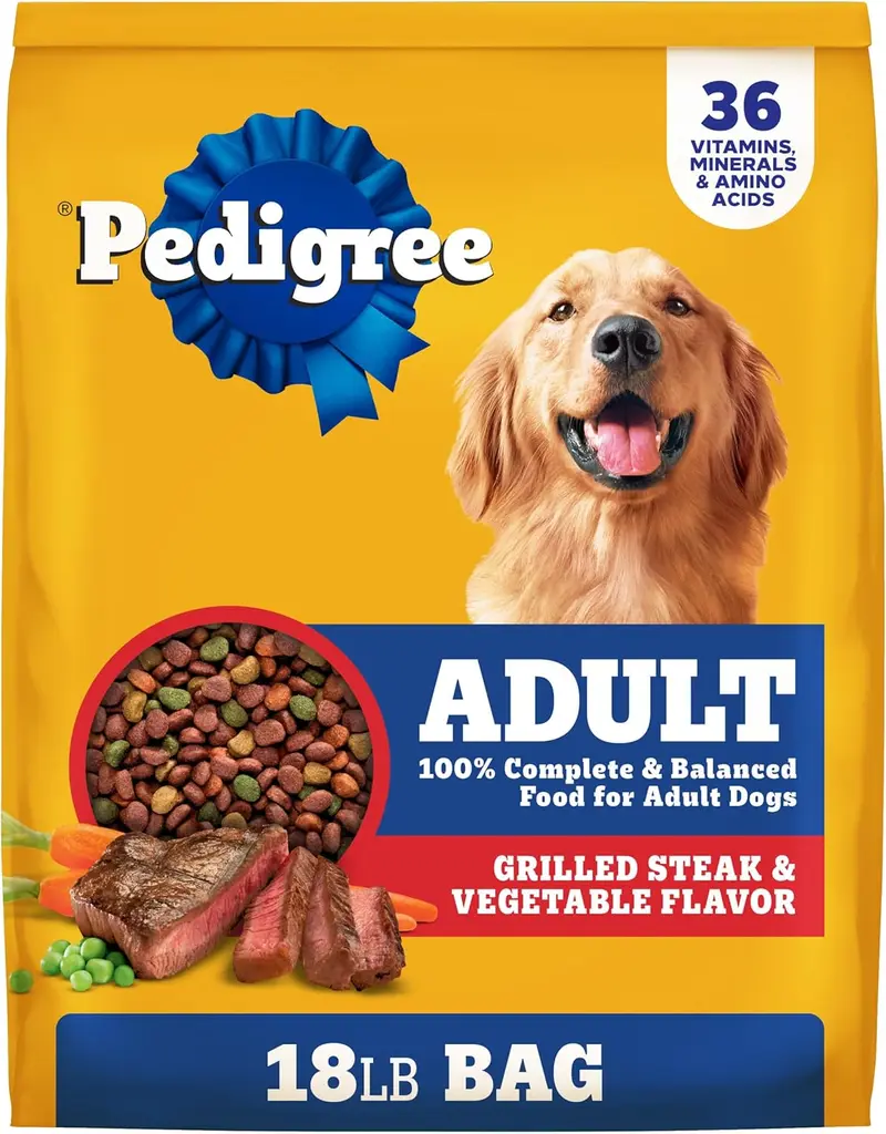 Pedigree Adult Dry Dog Food, Complete Nutrition, Roasted Steak & Vegetable/ Chicken & Vegetable Flavor, 18 lb. Bag