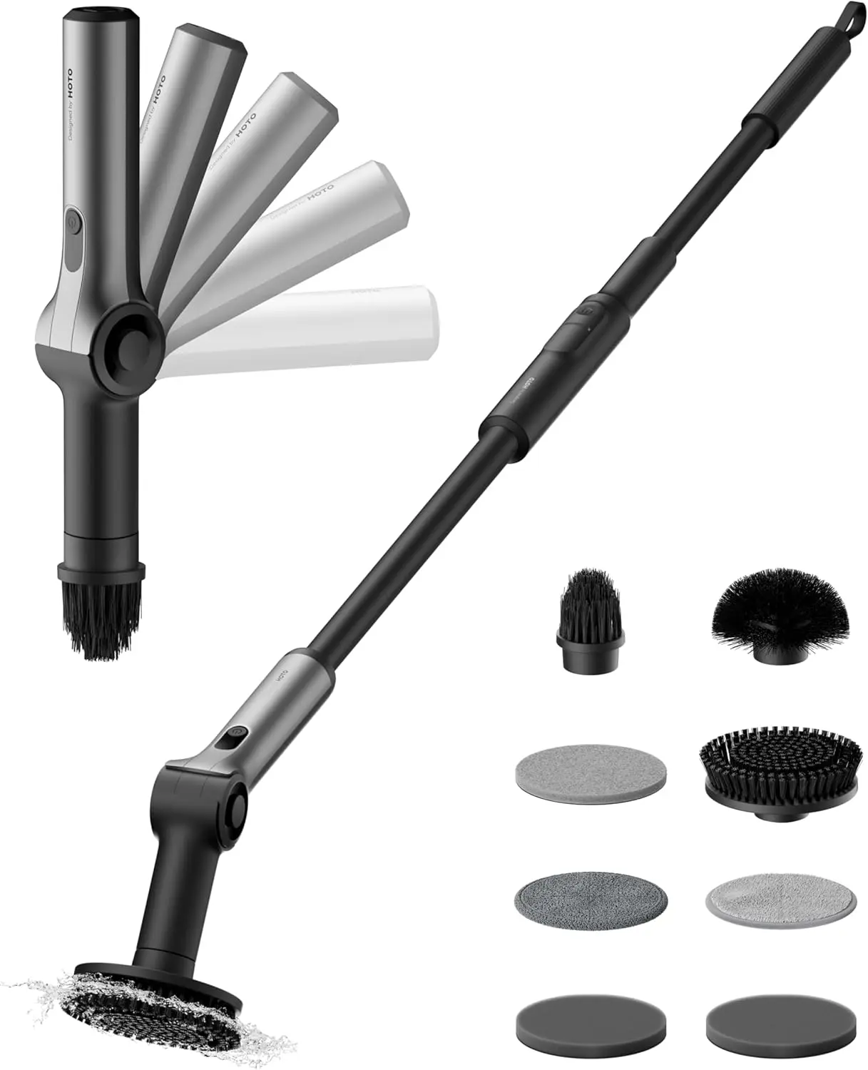 HOTO Flexi Wireless Electric Spin Scrubber - 8 Replaceable Cleaning Brush Heads, Adjustable Angle, Extendable Handle, LED Display, IPX7 Waterproof, USB Cable Included - for Bathroom, Tile, Bathtub, Father's Day Gift,dorm essentials,home essentials
