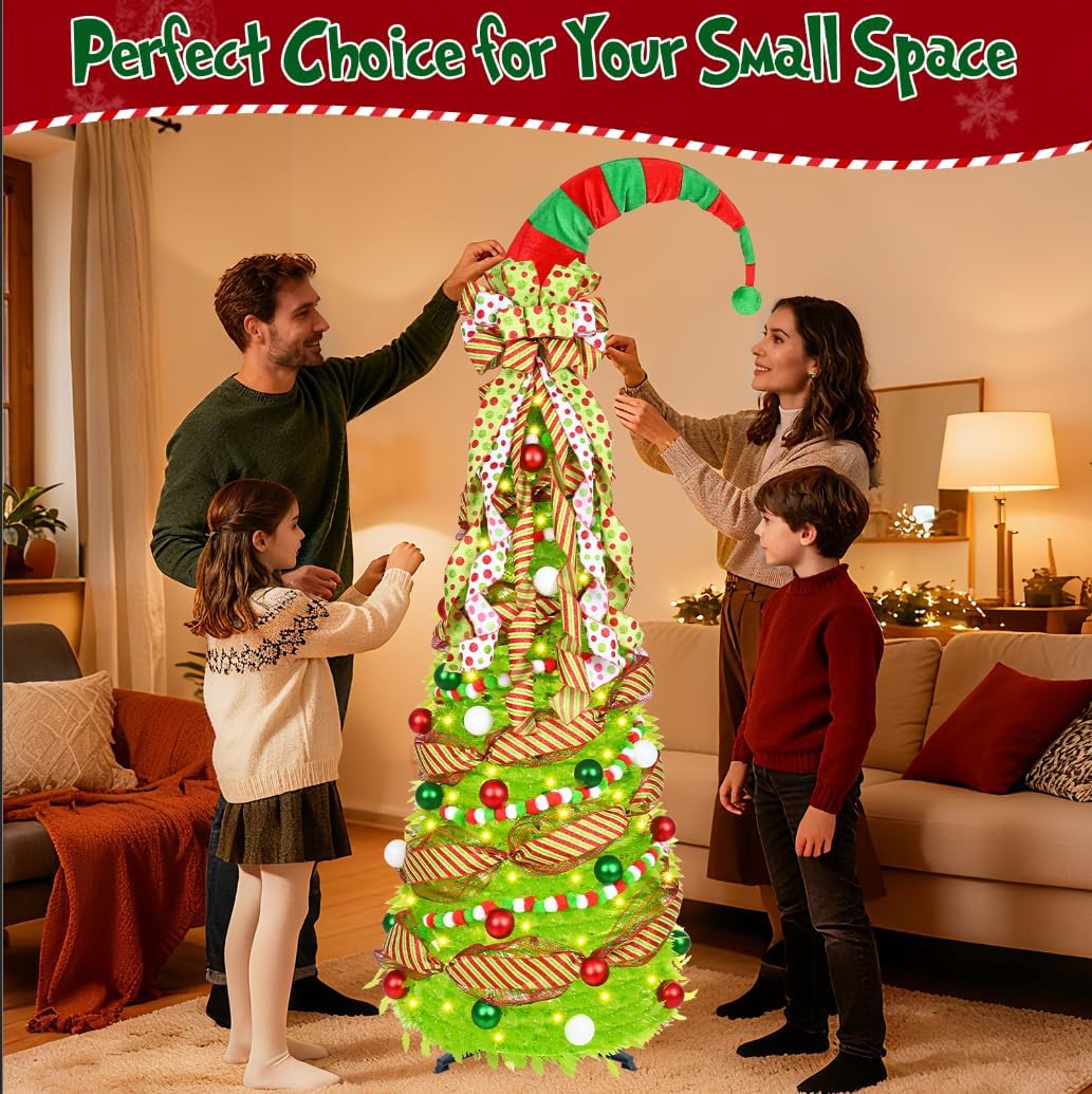 6FT Pop Up Christmas Tree with Lights Remote Control & Ornaments Collapsible Lime Green Xmas Tree with Santa Hat & Bow Tree Topper Whimsical Design for Indoor Outdoor Use Party Decoration Supplies