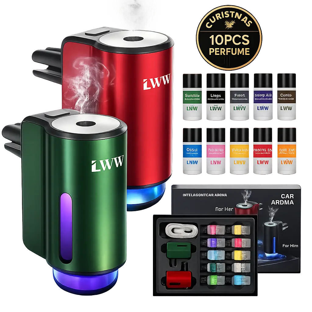 LWW Smart Car Air Freshener Diffuser 3-in-1 USB Powered Rechargeable with LED 3-Level Intensity Control & 10 x 10ml French Oils for Enhanced Woody Fruity Aromatic Scent