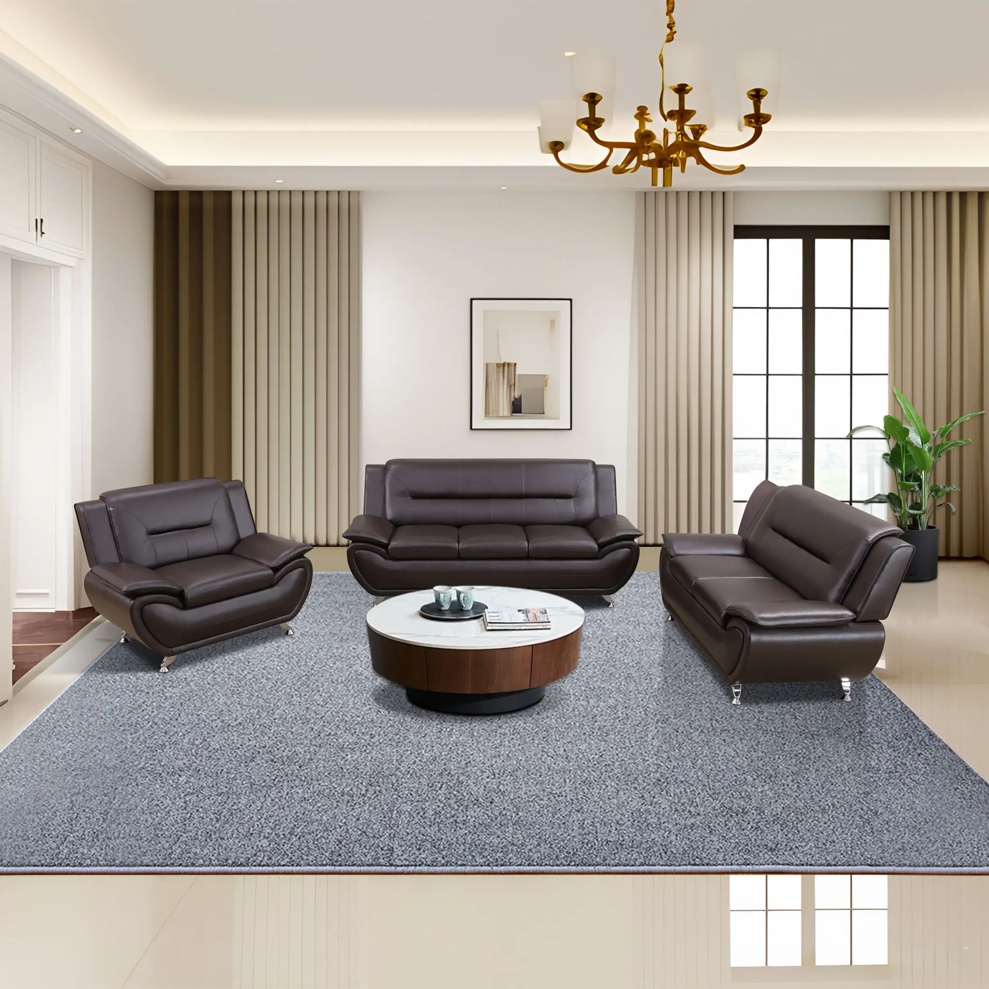 Brown Breathable Leather 3-Piece Sofa Set, Modern Upholstered Couch for Living Room Bedroom Apartment, Soft Cushioned Comfort, Sturdy Frame, Easy to Clean