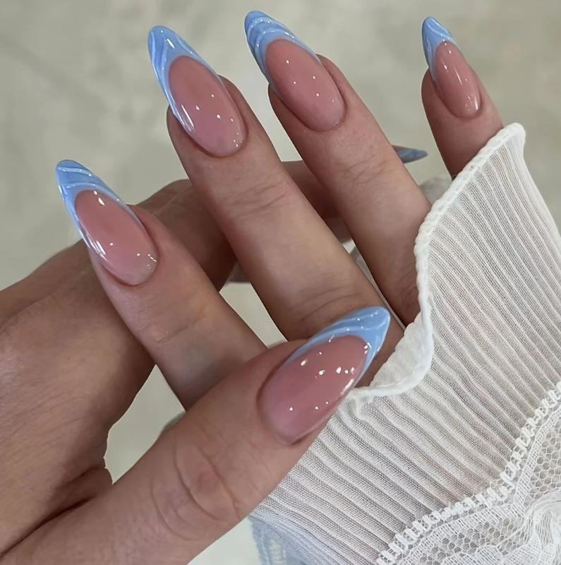 Valentine’s Limited! 24Pcs Pastel Pink & Blue Stiletto French Tip Press-On Nails (12 Sizes) + Free Jelly Glue & File  2026 Viral V-Day Manicure Reusable