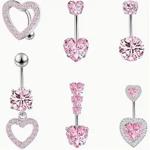 6PCS Pink Heart Belly Button Ring Surgical Steel Belly Rings 14G Pink Belly Button Piercing Belly Ring for Women Navel Ring jewelry