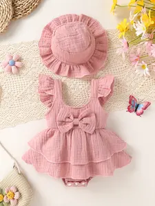 2-piece Set Of Soft, Comfortable, Fashionable And Cute Baby Girl Bow Decoration Ruffled Cake Layered Camisole Dress Jumpsuit And Hat