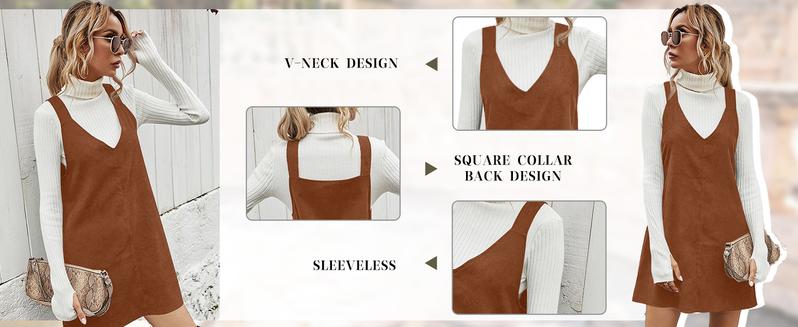 Wenrine Women's V Neck Corduroy Overall Dress Casual Loose Short Pinafore Dresses Cute Mini Jumper Dress Wenrine Women's V Neck Corduroy Overall Dress Casual Loose Short Pinafore Dresses Cute Mini Jumper Dress