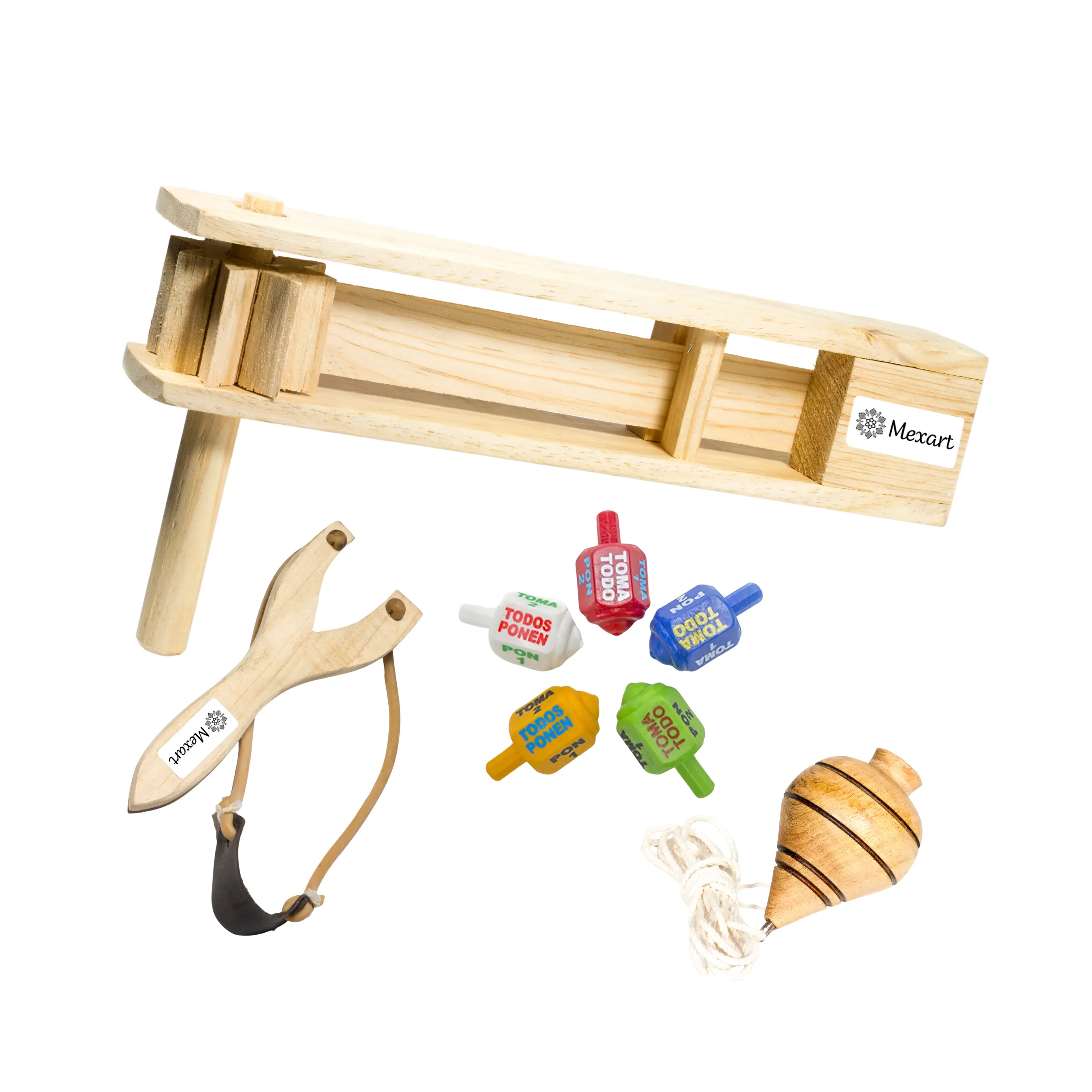 Mexart Nostalgic Mexican Wooden Toy Set - Matraca, Resortera, Trompo & Pirinola for Imaginative Play & Cultural Celebration