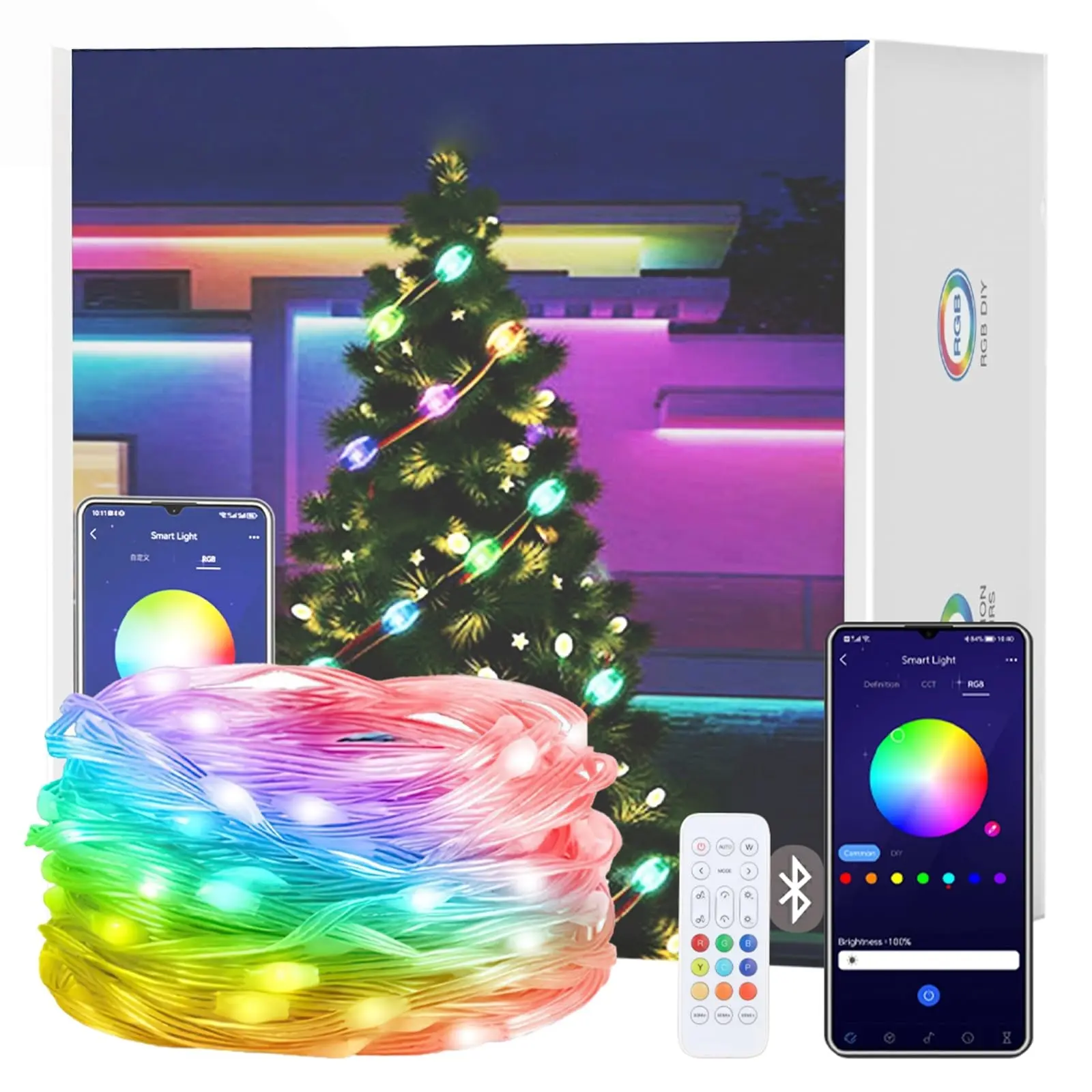 RGBIC Smart Fairy String Lights - Bluetooth App & Remote Controlled Addressable LED Bulbs, Individual Color Control, DIY Modes, Indoor/Outdoor Christmas Tree Holiday Home Decor