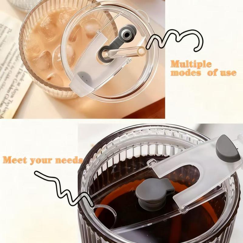 Ribbed Glass Cups with Lids & Straws, Set of 2 Thick Glass Tumblers for Iced Coffee, Smoothies, Juice & Cocktails