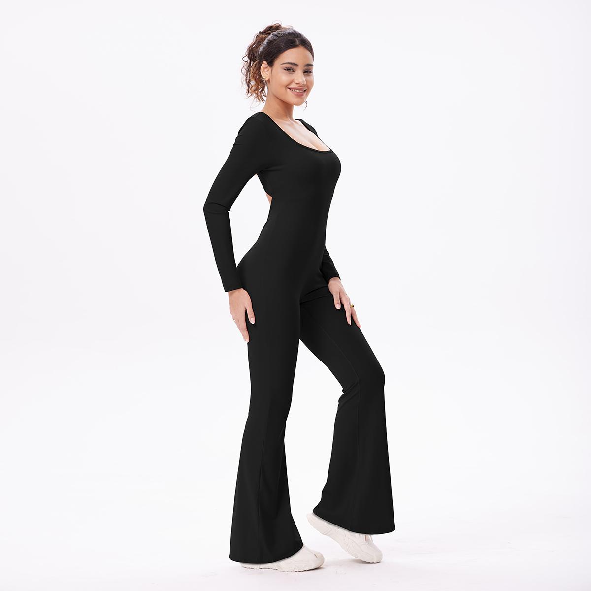 OQQ Women’s Backless Wide Leg Jumpsuit With Removable Built-In Padding – Long Sleeve Stretchy Flared V Back Yoga Romper SpringStatements