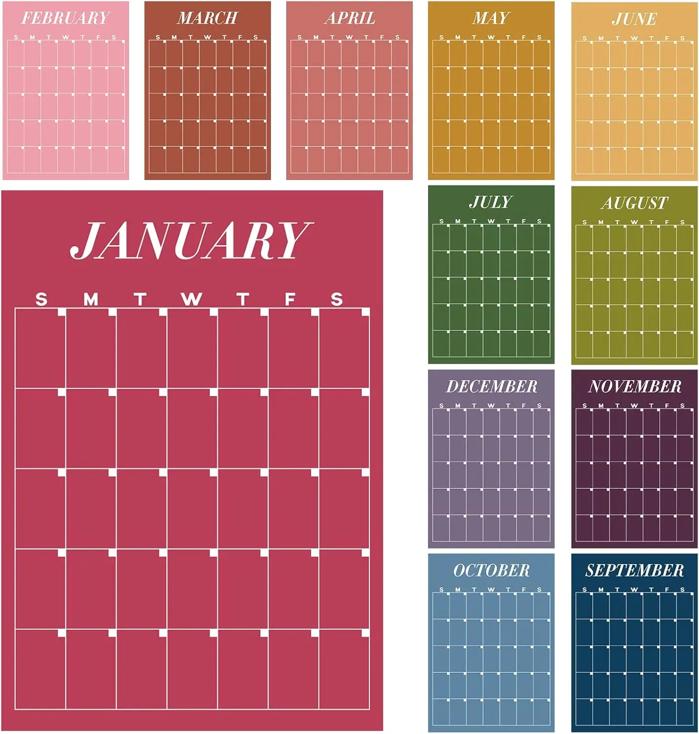12-Piece Undated Reusable Large Dry Erase Wall Calendar Set (12''x16'') - Classic Fresh Candy-Themed Monthly Organizer, Back to School College School Supplies, Office Accessories Task & Habit Tracker