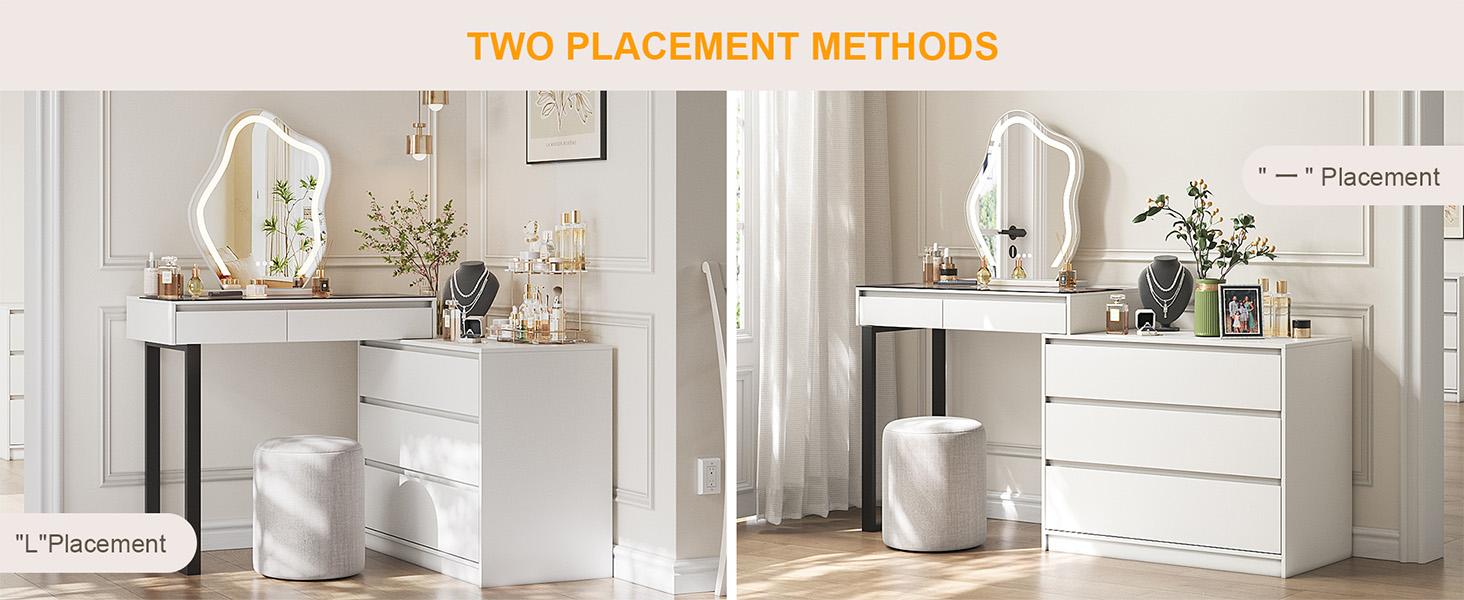 Miu Extendable Dressing Table with Drawers and Dresser, Corner Vanity Desk with Mirror，5-drawers，3-color-light