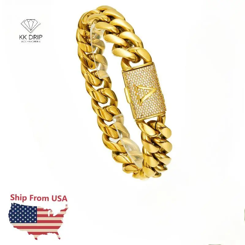 KK Drip Accessories Initial Letter A-Z Cuban Link 14MM Bracelet 18K Gold Plated gold Stainless Steel Miami Thick Buckle Bracelet Hip Hop Jewelry 7.5in 8.5in, Bracelets