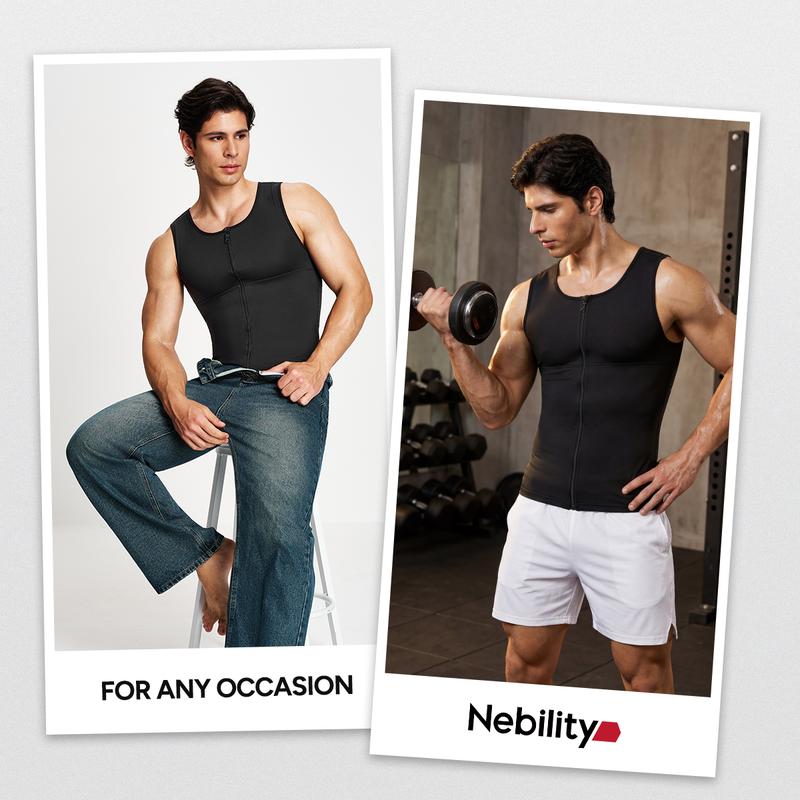 Nebility Men’s Compression Tank Top with Zipper – Strong Chest & Back Support, Smooths Chest and Belly, X-Shape Back Design for Better Posture, Breathable Stretch Fabric for Daily Wear, Workouts and Formal Outfits Shapewear