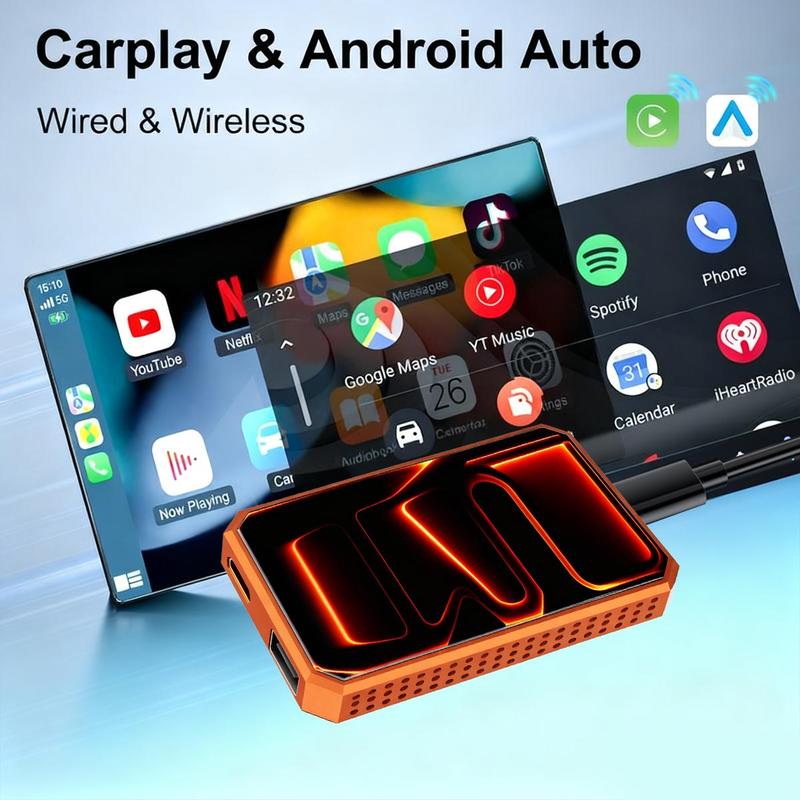 MAKASRI 4-in-1 Wireless CarPlay & Android Auto Adapter, Compatible with Netflix/YouTube/TIKTok/Screen Mirror Link/TF Card,Carplay Ai Box,Plug & Play, Suitable for Cars Equipped with OEM Wired CarPlay