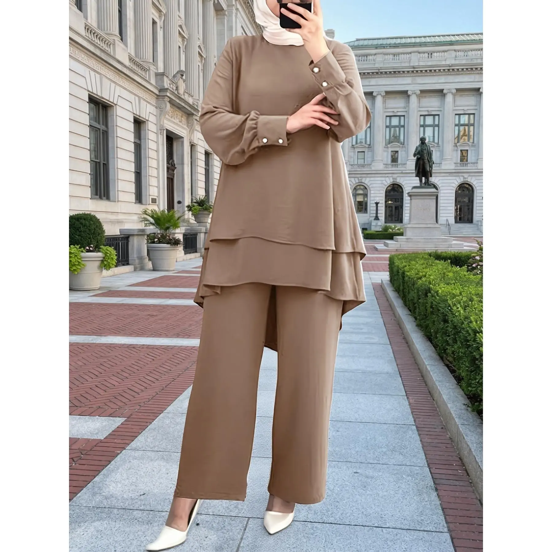 Women's Islamic 2-Piece Matching Modest Fashion Set - Double-Layered Solid Color Top, Loose Wide-Leg Pants, Polyester, Elegant Look, Fashion Muslim Set, Micro Elasticity, No Sheer, Machine Washable, Dry Clean Compatible
