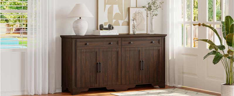 【Valentine's Day Gift】ONBRILL 63" Sideboard Buffet Cabinet, Kitchen Buffet Storage Cabinet, Large Credenza with Drawers & Doors, Wood Coffee Bar Console Wine Bar for Living Room Hallway