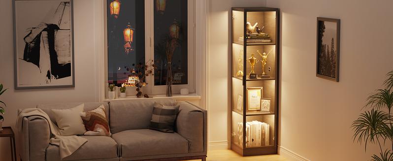 BROTTAR Corner Display Cabinet with Glass Doors, Aesthetic Display Case with 3 Color Light, 4-Tier Curio Cabinet & Bookcase for Collectibles, Toys, Books, for Playroom, Bedroom, Study Room, Black/White