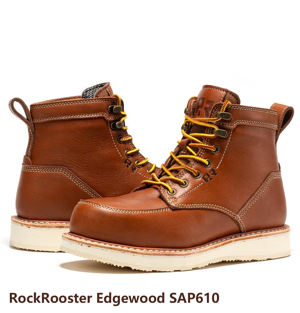 ROCKROOSTER Norwood Steel Toe Men's 6-Inch  Work Boots Brown Water-Resistant Leather for Safety Construction Worker Footwear - Boy