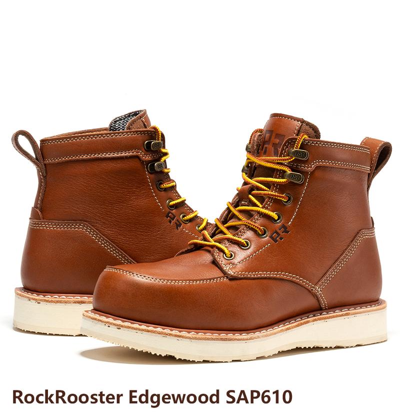 ROCKROOSTER Norwood Steel Toe Men's 6-Inch  Work Boots Brown Water-Resistant Leather for Safety Construction Worker Footwear - Boy