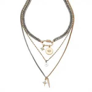 Women's three-piece stacked necklace set, two-tone chunky silver choker, stacked gold chain with pendant, unique gold jewelry set, women's gift.