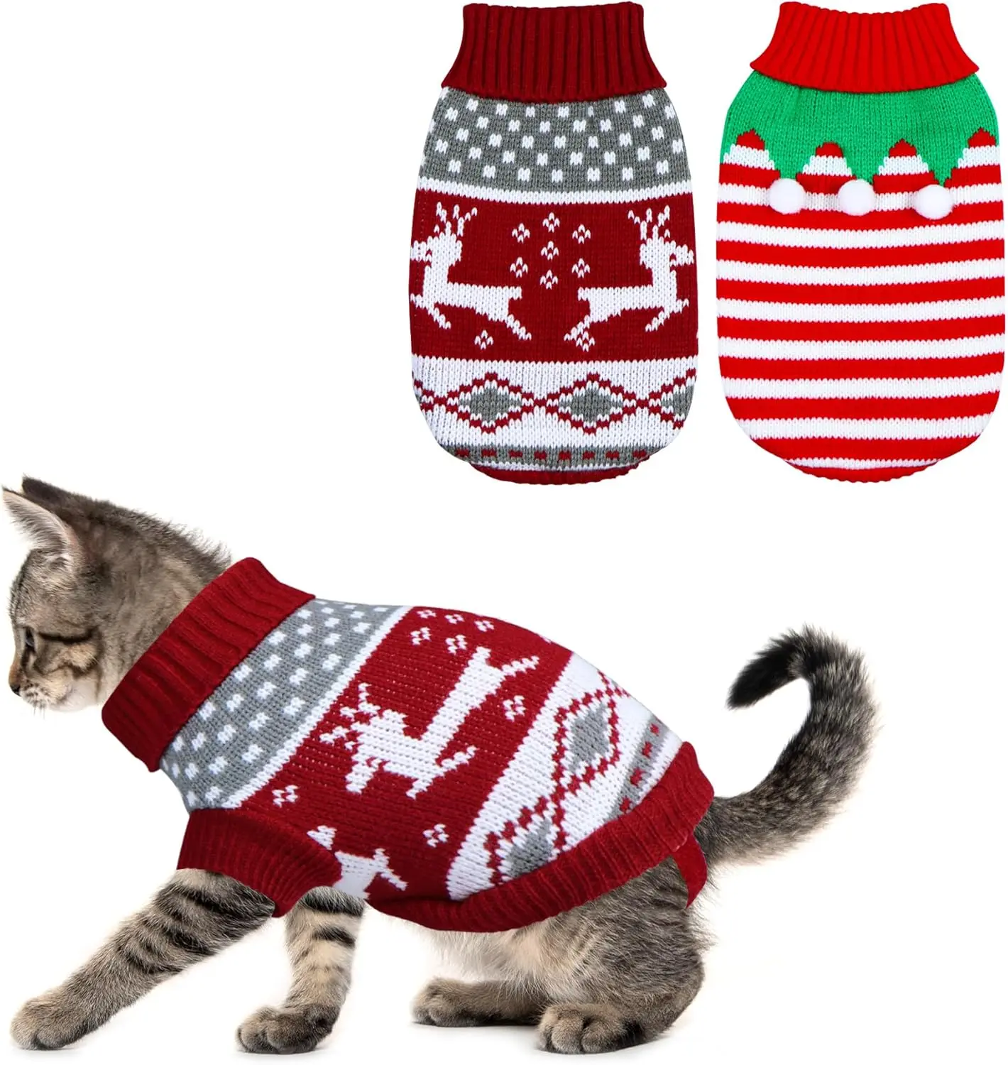 2 Pack  Christmas Sweater, Winter Knit  Sweaters Warm Coat Clothes Reindeer Snowflake  Christmas Sweater Outfit for Cats Kitten Puppy XS