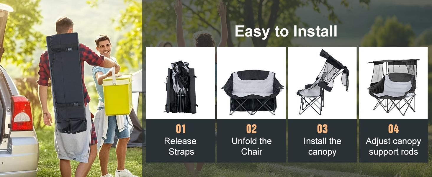 MOPHOTO XXL Double Camping Chair with Shade Canopy, Fully Padded Folding Camping Loveseat , Oversized Camping Bench Lawn Chairs Patio Lounge Chairs for Adults