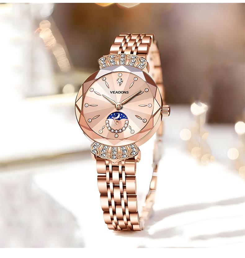 VEADONS Luxury Women's Jewelry Watch Diamond Cut Crystal Stainless Steel Case Water Resistant Moon Star Sun Design Elegant Wristwatch Perfect Gift for Her