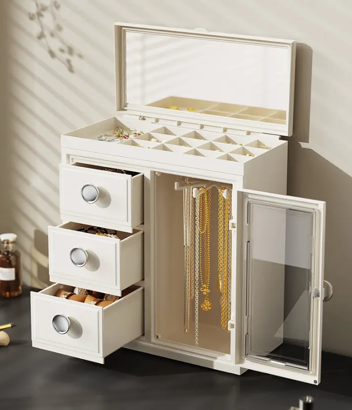 Modern Multi-Layer Stackable Rectangular Jewelry Box with Mirror & Lid - Durable Organizer Storage, Metal-Accented Large-Capacity Decorative Storage Organizer for Women's Earrings, Rings, Vanity Organization, Ideal Mother's Day Gift for Bedroom Dresser, B