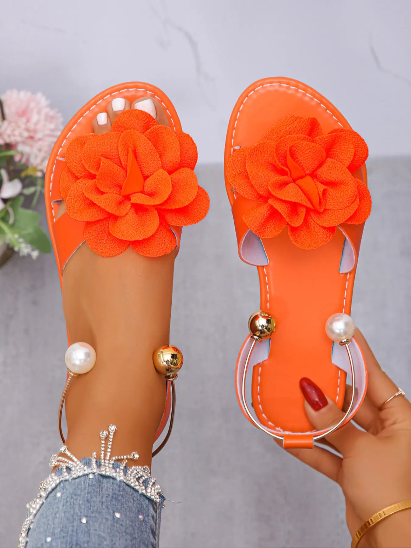 Women's Orange Flower Embellished Fashionable Sandals Casual Summer Footwear - Pearl & Gold Bead Ankle Strap Flat Summer Footwear #floralsandals #pearlanklestrapsandals #summersandals #tiktokshoefinds #vacationshoes