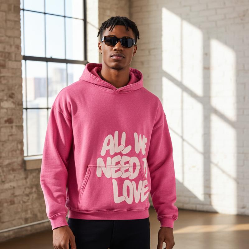 Sopula Studio Mens & Womens Tops All We Need Is Love Graphic Pink Vintage Washed Casual Pullover Cotton Hoodie