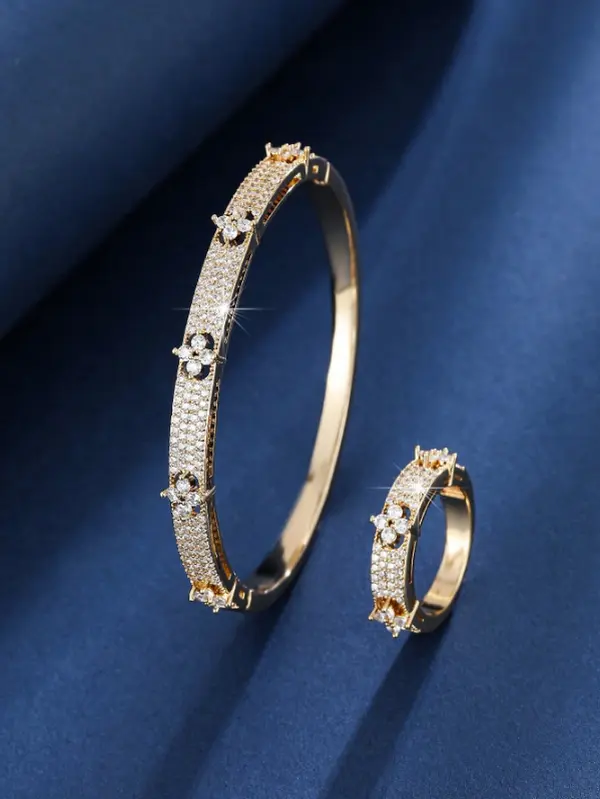 Women's Elegant Gold Rhinestone Embellished Bangle Bracelet and Ring 2-Piece Female Daily Costume Jewelry Set