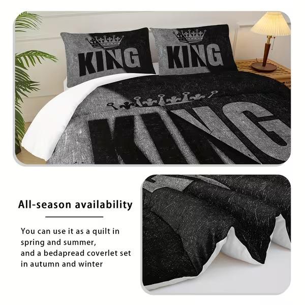3pcs King & Queen Comforter Set - Black & Grey His & Hers Bedding | 1 Comforter + 2 Pillowcases | Soft, Breathable, Modern Printed Bedding for Bedroom & Dorm Decor