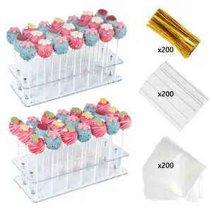 2 Pack Cake Pop Stand with Sticks Kit, Acrylic Lollipop Hold Stand, Clear Cake Pop Display Holder, 21 Holes Candy Pop Holder with 200pcs Sticks, 200pcs Clear Wrappers, 200pcs Gold Twist Ties