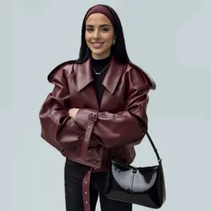 Burgundy Oversized Cropped Faux Leather Jacket with Belt and Shoulder Pads Womenswear