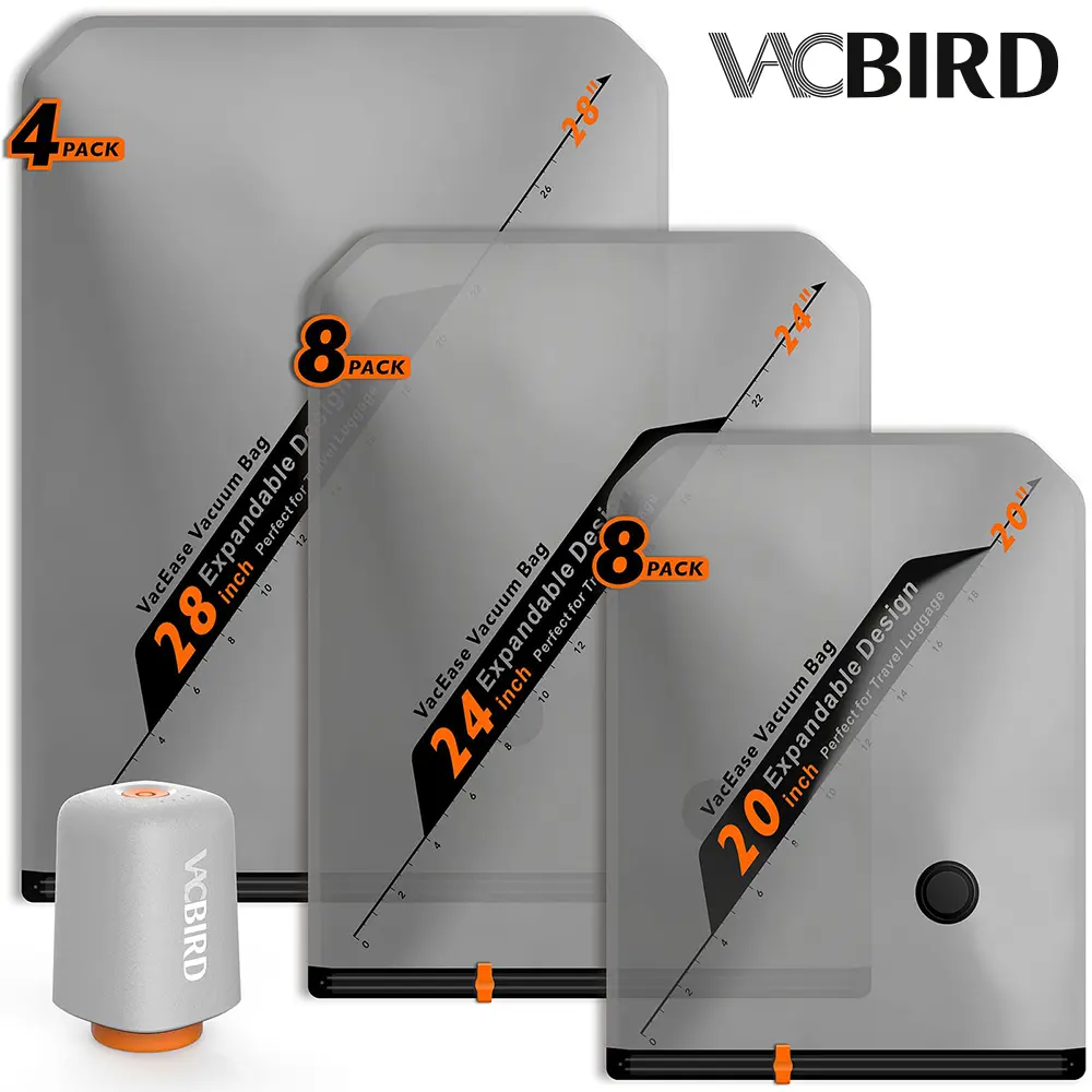 VACBIRD X8 Cordless Rechargeable Vacuum Packing Pump & Dustproof Compression Bags Set - Hands-Free, Lightweight, Portable, Transparent, Rounded-Zipper Pouch, Automatic Compression, Travel Accessories (28/24/20 in, 10/15/20 pcs) - Vacuum Bags for Travel, T