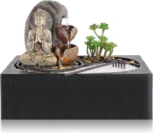 WICHEMI Waterfall Fountains Indoor Water Fountain Tabletop Fountain Zen Garden Buddha Fountain with LED Warm Light for Office Home and Bedroom Desktop Decor