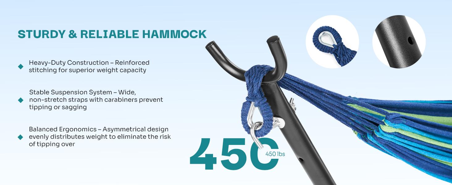 Double Hammock With Carry Bag, With Space-Saving Stand, Heavy-Duty Steel Frame, 450 Lb. Load Capacity, Easy To Assemble, For Patio, Park, Outdoors Double Hammock With Carry Bag, With Space-Saving Stand, Heavy-Duty Steel Frame, 450 Lb. Load Capacity, Easy To Assemble, For Patio, Park, Outdoors