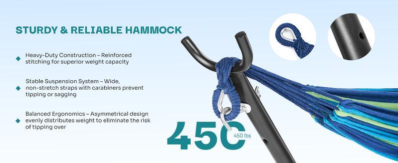 Double Hammock With Carry Bag, With Space-Saving Stand, Heavy-Duty Steel Frame, 450 Lb. Load Capacity, Easy To Assemble, For Patio, Park, Outdoors