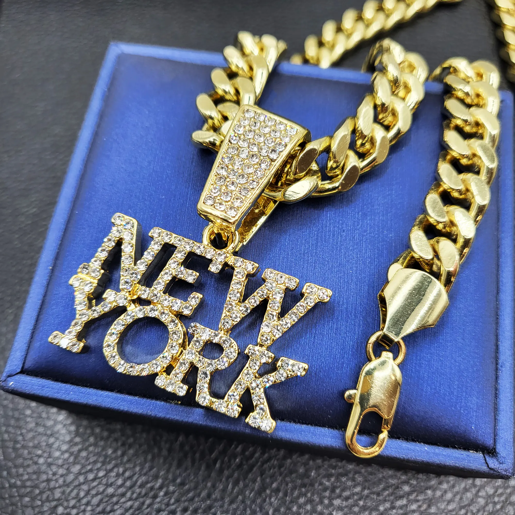 MaxBling81 10mm Cuban Style Gold Chain Link Necklace, New York Pendant Included, Multi-Size (18in, 20in, 24in, 30in), Polished Finish, Hip Hop Costume Jewelry Accessory, Gold Chain Necklace, Chain Link Necklaces