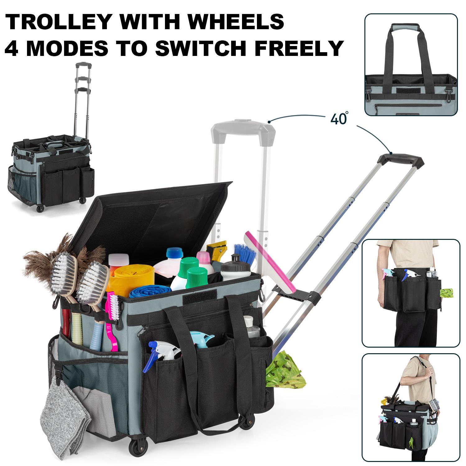 Cleaning Caddy Bag with Wheels, Extra Large Rolling Cleaning Caddy Bag with Detachable Trolley for Housekeepers, Water Resistant Cleaner Supplies Organizer with Wheels for Kitchen, Tool Organizer