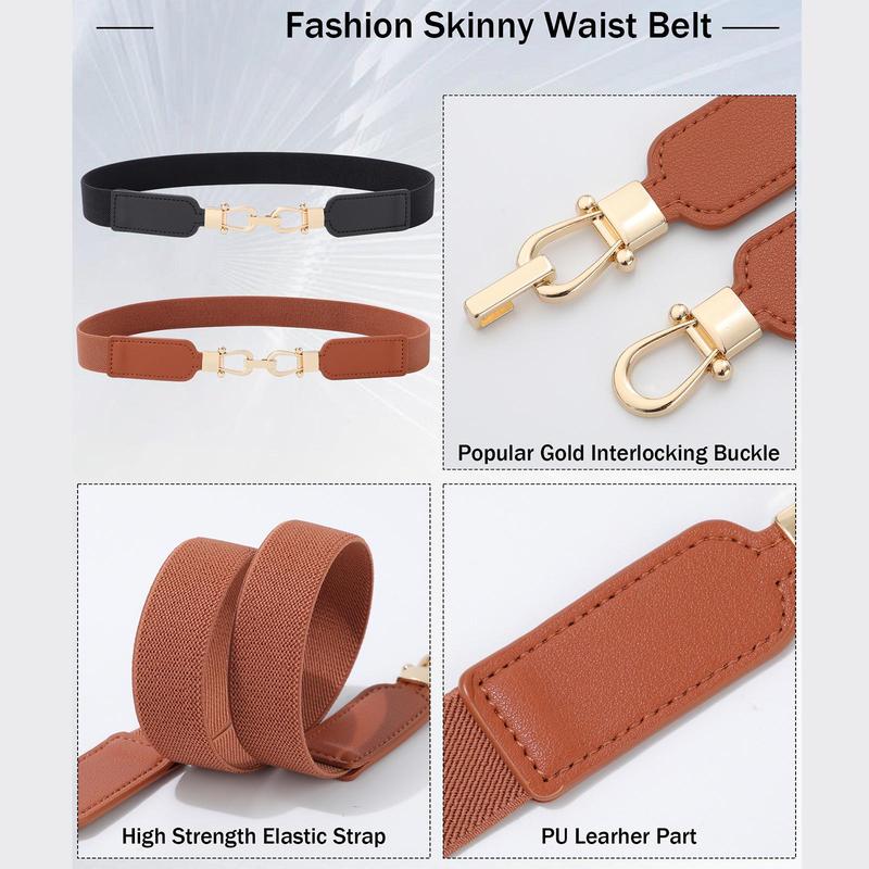 2/3Piece Suit Women's Belt Pack Skinny Stretch Belt Elastic Leather Waist Belt with Light Gold Buckle Ladies Thin Belt for Dress Jeans(70/80/90cm)