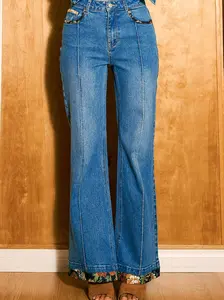 [XPT695] Wide Leg Jeans With Floral Binding