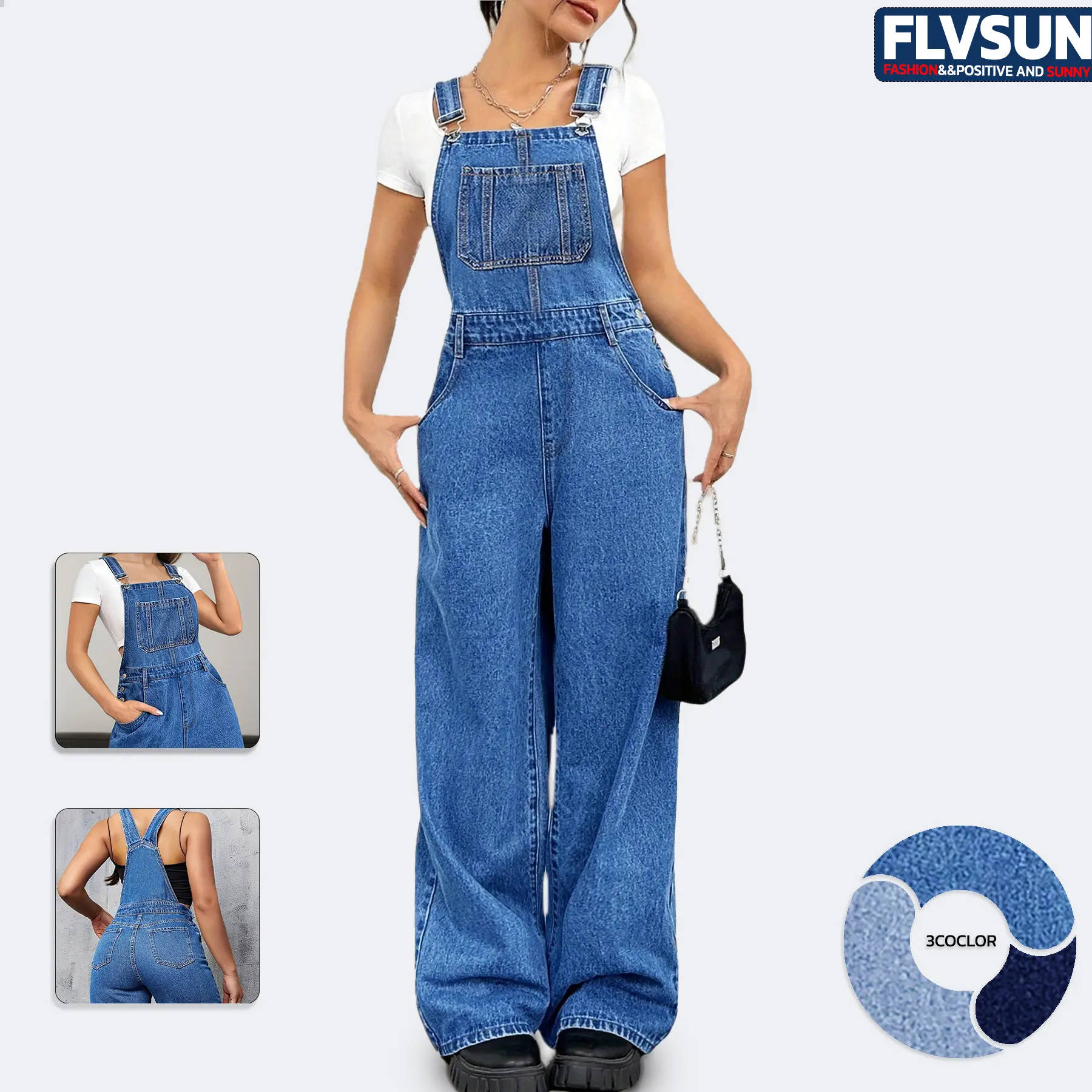 Flvsun Women's Denim Bib Overalls, Basic Casual Wide Leg Jumpsuit with Pockets and Adjustable Straps, Fashion Apparel Clothes for Women, Baggy, Pullover, Minimalist, Fabric, Blouses, Streetwear Clothing, Trending Clothes, Cute Trendy Clothes