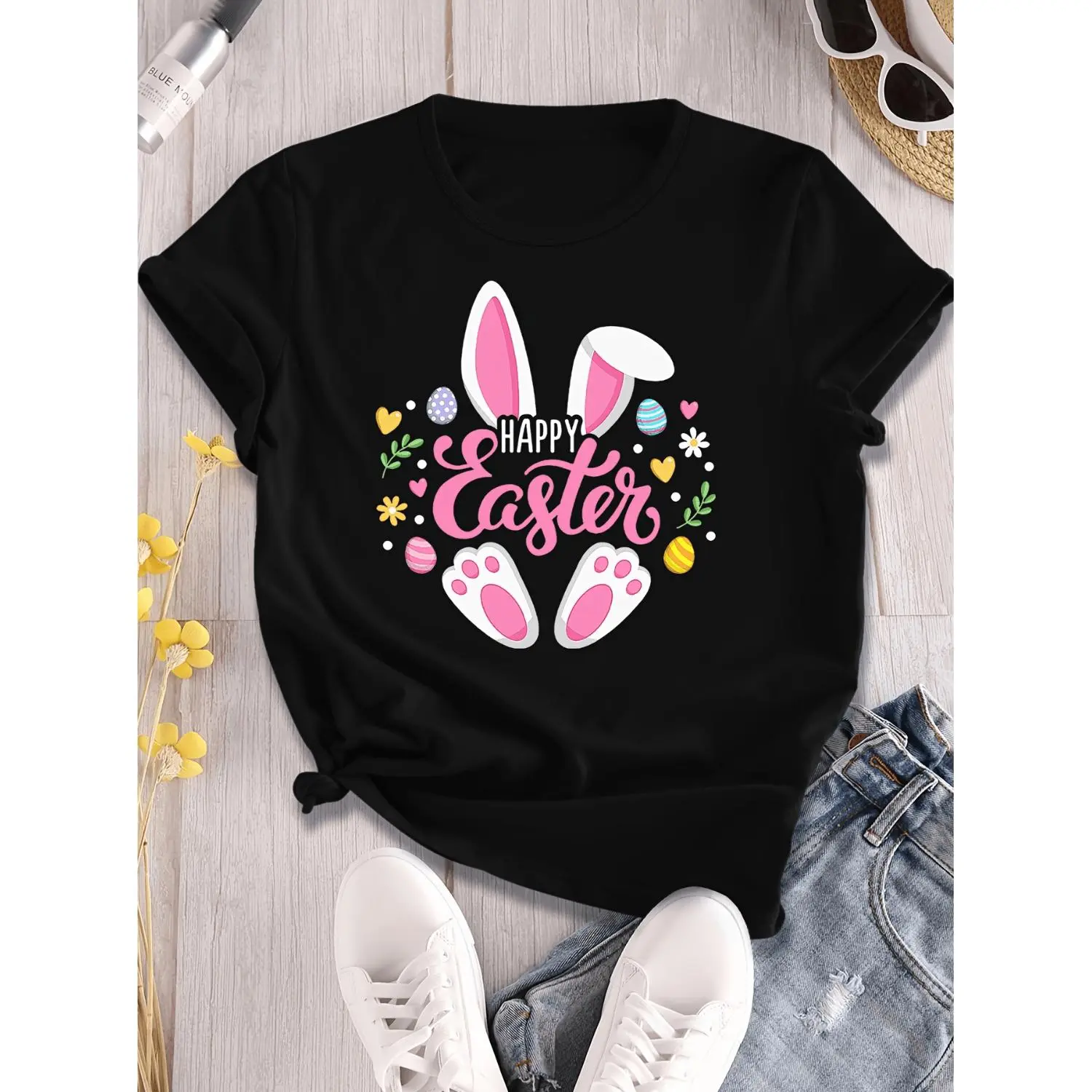Women's Cotton Bunny Ears Graphic T-Shirt - 100% Fabric, Short-Sleeve Basic Tops, Easter Celebration, Flattering Fit, Shortsleeve, Soft