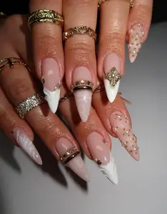 Freestyle Luxury 3D Pearl & Gold Cross Press On Nails with 3D Pearl Gold Cross | Handmade Wedding, Gothic, Prom, and Birthday Nail Art