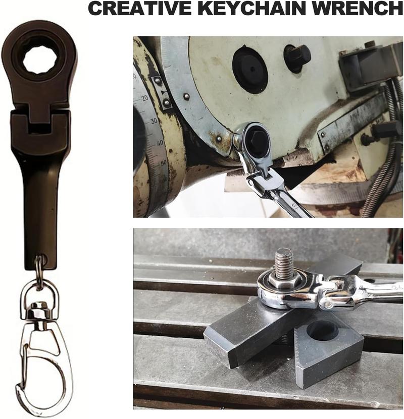 VAYWET 10mm Socket Ratchet Wrench Keychain Mini Shaped Metal Alloy Racing 180° Flex Head Functional Spanner Key Chain Ring Keyring Adjustable Wrench Tools, Gift For Specific 72-Tooth Mechanic (Neo Chrome Plating / Black / Silver)