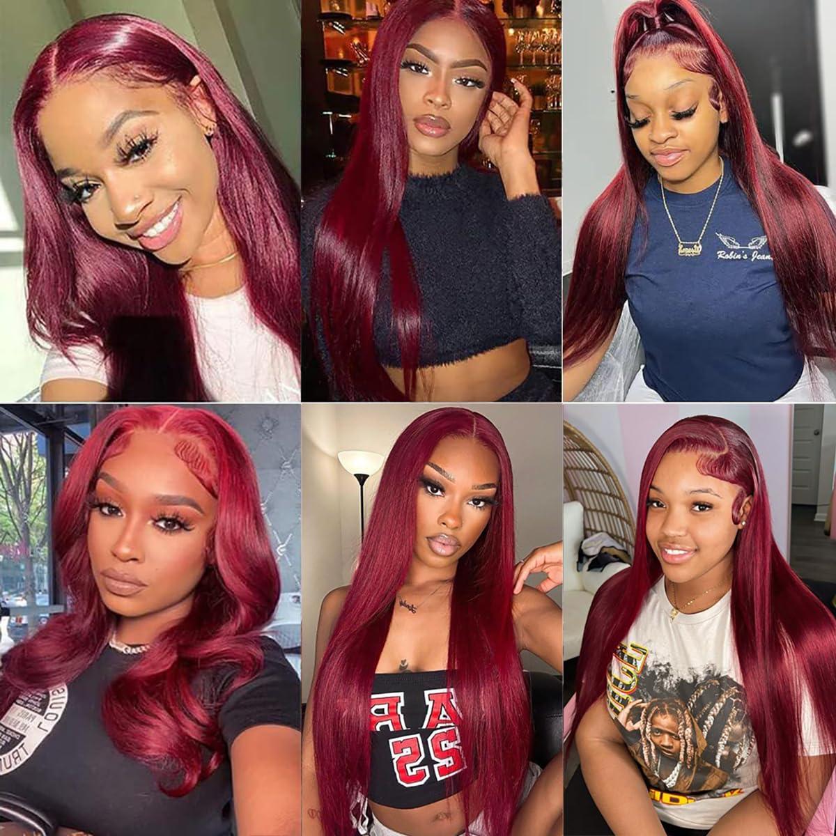YAWAWE HAIR 99J Burgundy Red Lace Front Wigs Human Hair Straight 13x6 Transparent Lace Frontal Wigs Human Hair Pre Plucked with Baby Hair Colored Lace Front Hair Wigs for Women