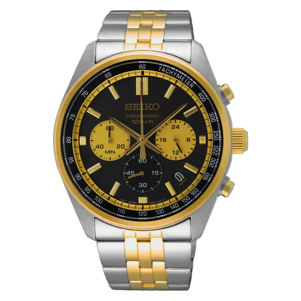 Seiko Essentials SSB430 Men's Quartz Chronograph Watch, Black Dial with Gold Accents, 41.5mm Stainless Steel Case, Date Function, Tachymeter, 10 ATM Water Resistant, 12 Months, 50M - 100M, Casual