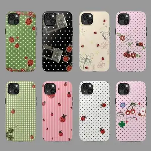 Whimsical Vintage Red Ladybug Polka Dot Floral Design Tough Shockproof Phone Case for iPhone 11 12 13 14 15 16 17 Pro Max Plus